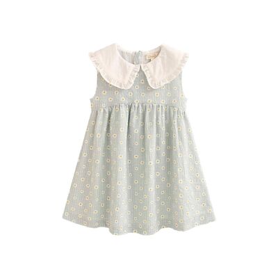 Girl's dress in green gingham and daisies K58-21406291