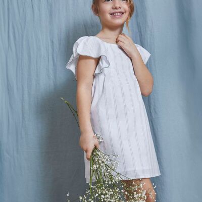 White girl's dress with green stripes K51-21406041