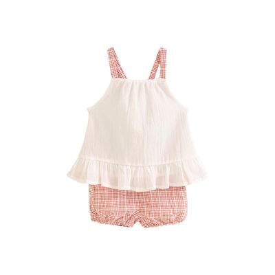 Baby girl set with soft coral plaid K49-21405182