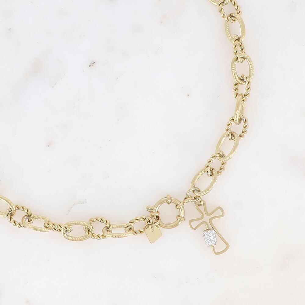 Collana Crossine - maglia alternata e pendente a croce con un cilindro di strass