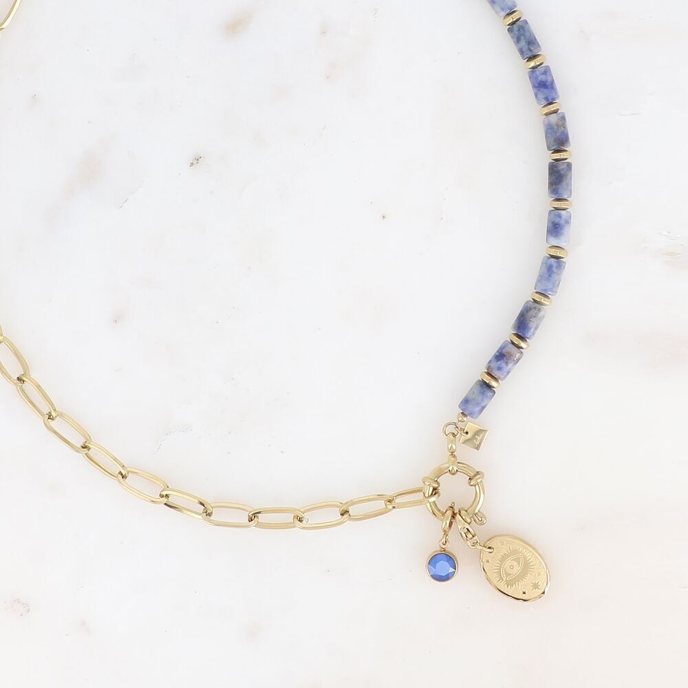 Collier - maille en acier et pierres naturelles avec 2 charms Bohm