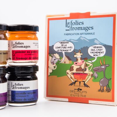 Assortment of 4 jars of 45g Folies Fromages in wooden box (mixed recipes)