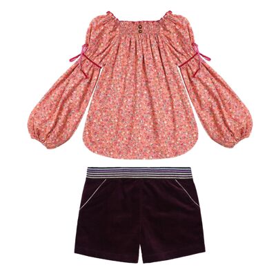 Juego de regalo para niña | Blusa Liberty albaricoque y pantalones cortos de terciopelo burdeos
