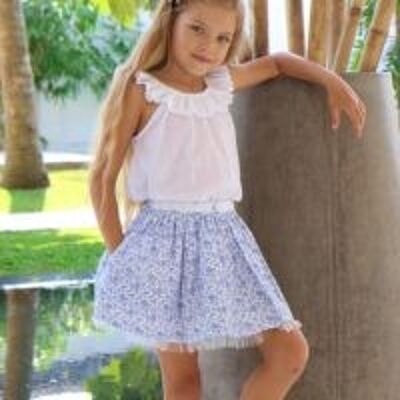 Falda de verano para niña | tela blanca con estampado paisley azul | GRACIA
