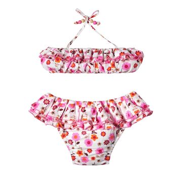 Maillot de bain fille | coton blanc fleuri rose, orange | SWAN