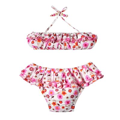 Bañador niña | algodón blanco con flores de color rosa, naranja | CISNE