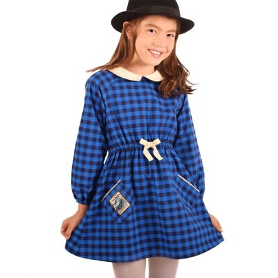 Robe col Claudine fille | carreaux vichy bleu