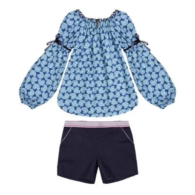 Juego de regalo para niña | Blusa Liberty azul y pantalones cortos de mezclilla
