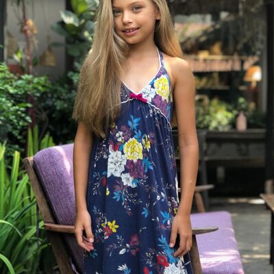 Langes Sommerkleid für Mädchen | marineblaue Baumwolle mit Blumenmuster | EUGENIE
