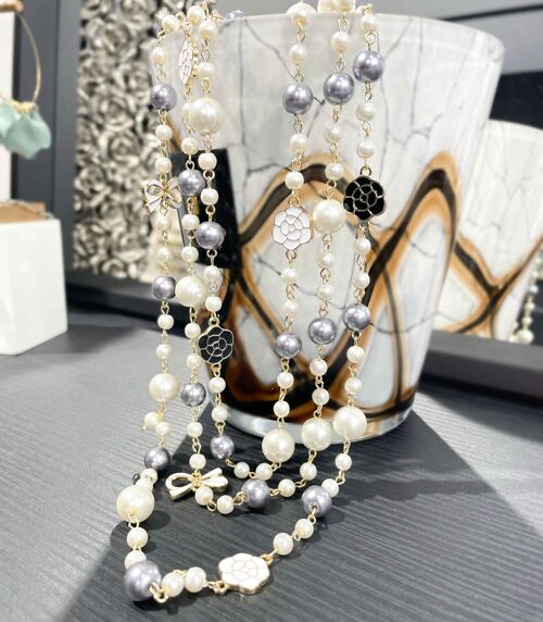 Collier sautoir long - Imitation perles de culture - Laiton