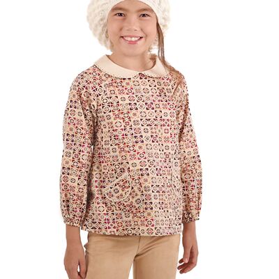 Blouse col CLAUDINE fille | imprimé beige et bordeaux