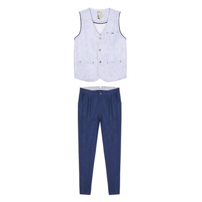 Boy's ceremony gift set | Striped sleeveless cardigan & blue dress pants