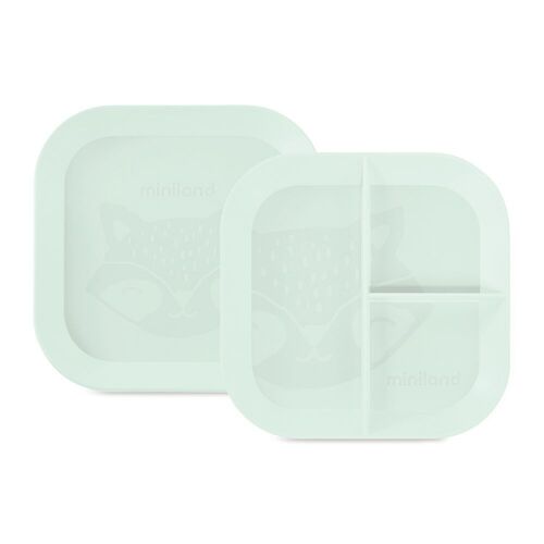 Miniland Dolce Mint Set of compartmentalized and square dishes. Square tableware that includes flat plate and plate with dividers. Made in Spain with high quality materials.