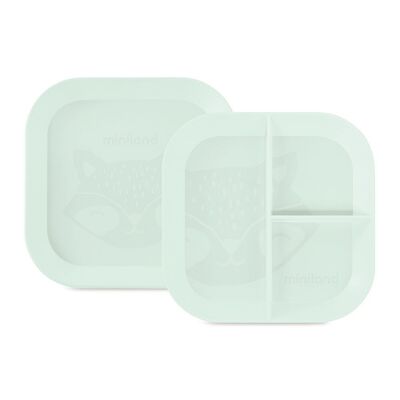 Miniland Dolce Mint Set aus unterteilten und quadratischen Schalen.  Quadratisches Geschirr, bestehend aus flachem Teller und Teller mit Trennwänden.  Hergestellt in Spanien mit hochwertigen Materialien.
