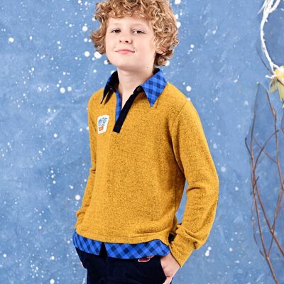 Yellow sweater with royal blue shirt collar | MARCO POLO