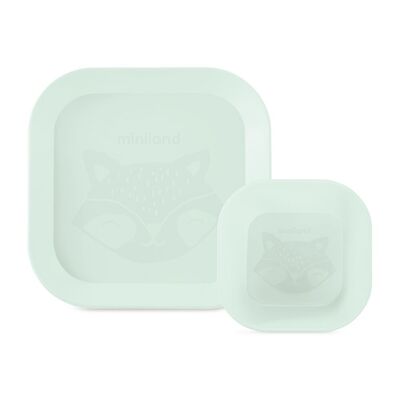 Miniland Dolce Mint Ensemble d'assiette carrée et bol.    Vaisselle carrée comprenant assiette et bol.    Fabriqué en Espagne avec des matériaux de haute qualité et conçu pour tous les enfants.