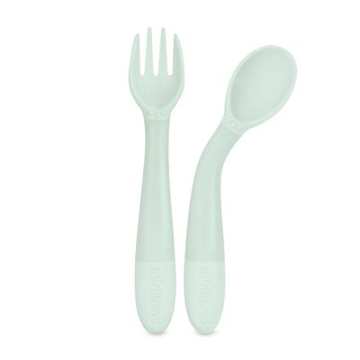 Miniland Dolce Mint Flexible spoon and fork set. Made in Spain with high quality materials and designed for all children.
