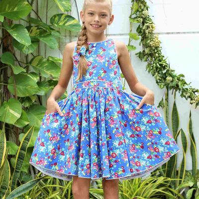 Robe qui tourne fille bi-matière| à fleurs liberty bleu roi | HEPBURN