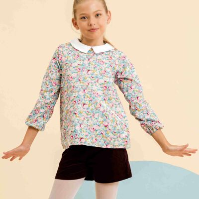 Girls' CLAUDINE collar blouse | pink and sky blue liberty flowers