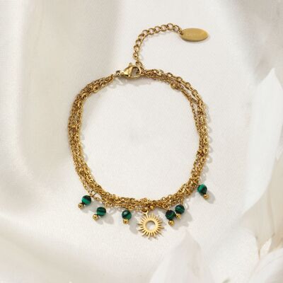 Three-row malachite and sun bracelet in gold-plated steel - BR110255OR-VR