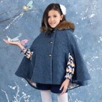 Cape | laine tweed bleu et capuche fausse fourrure | DIANE