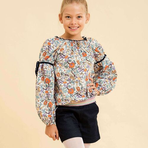 Blouse intersaison fille | fleurs liberty orange lilas | CHIMENE