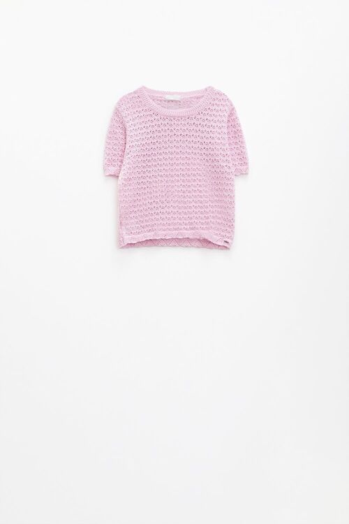 pink short sleeve crochet knit sweater