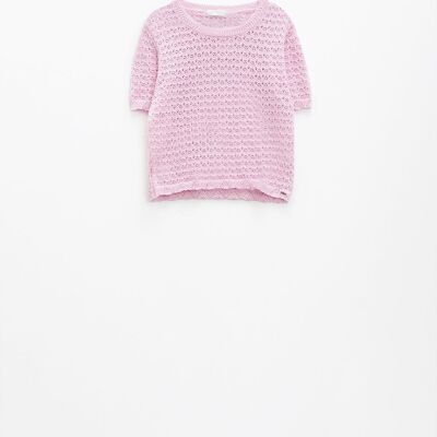 suéter rosa de punto de crochet de manga corta