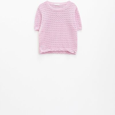 suéter rosa de punto de crochet de manga corta