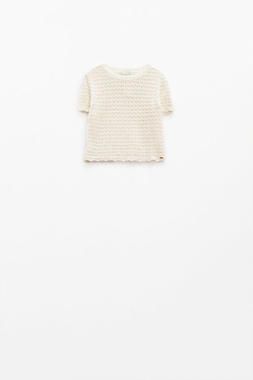 white short sleeve crochet knit sweater