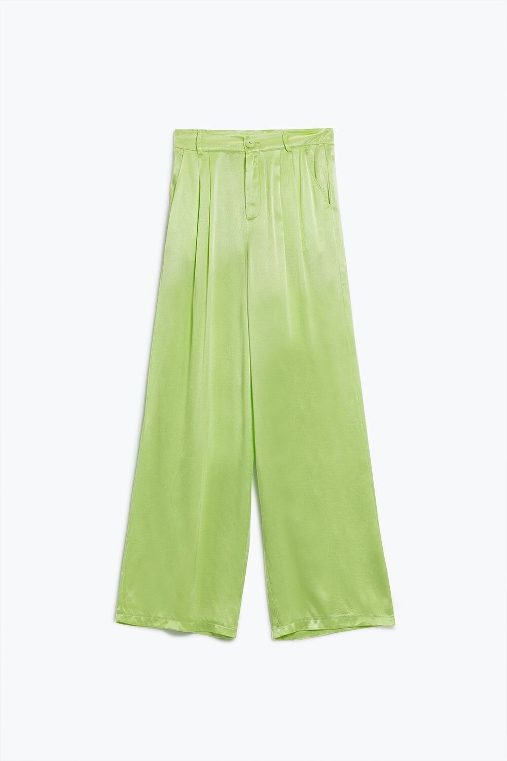 Pantaloni Svasati In Raso Lime Con Tasche
