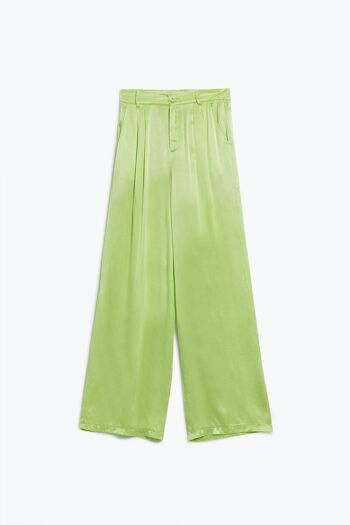 Pantalon évasé en satin vert citron avec poches 1