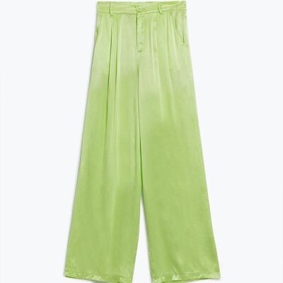 Pantalon évasé en satin vert citron avec poches