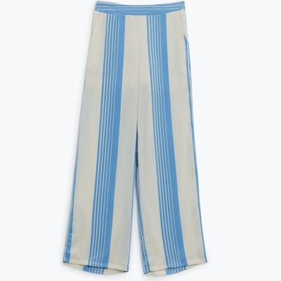 Pantalon en satin crème à rayures verticales bleu clair