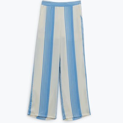 Cream satin Pants WIth Vertical Light Blue Stripes