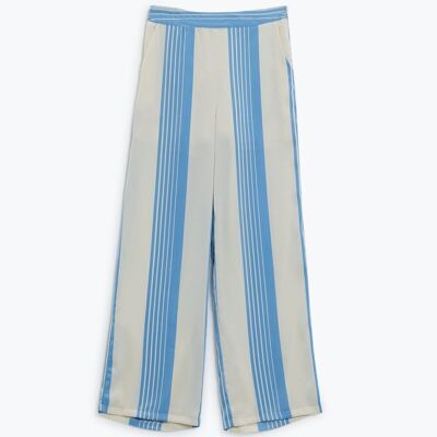 Pantaloni in satin color crema con righe verticali azzurre