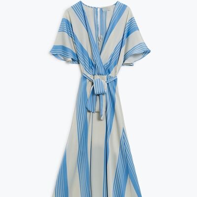 Maxi blue striped wrap satin dress with belt