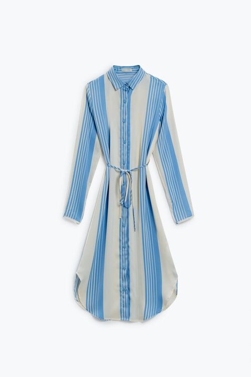 blue striped buttoned satin shirt dress