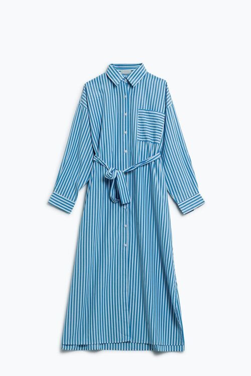 Poplin Striped maxi Shirt Dress With Chest Pocket And Matching Belt In Blue