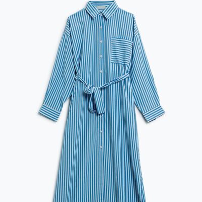 Poplin Striped maxi Shirt Dress With Chest Pocket And Matching Belt In Blue