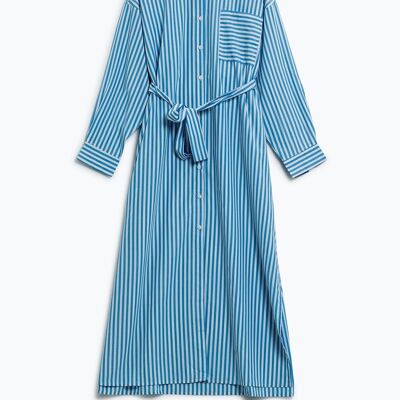 Gestreiftes Maxi-Hemdkleid aus Popeline mit Brusttasche und passendem Gürtel in Blau