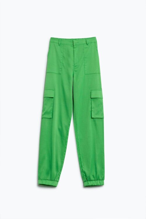 Green satin Pants With Side Pockets And Belt Hoops