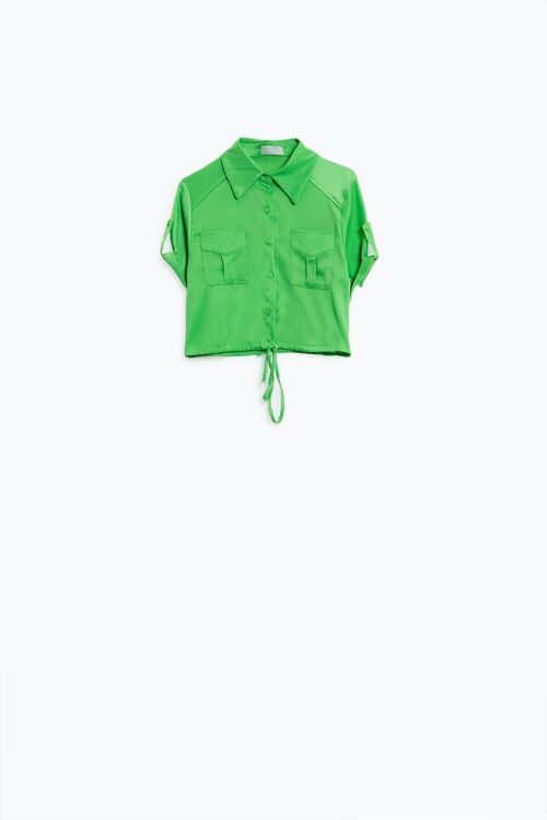 Green Short satin Blouse With Chest Pockets And Drawstrings At Bottom