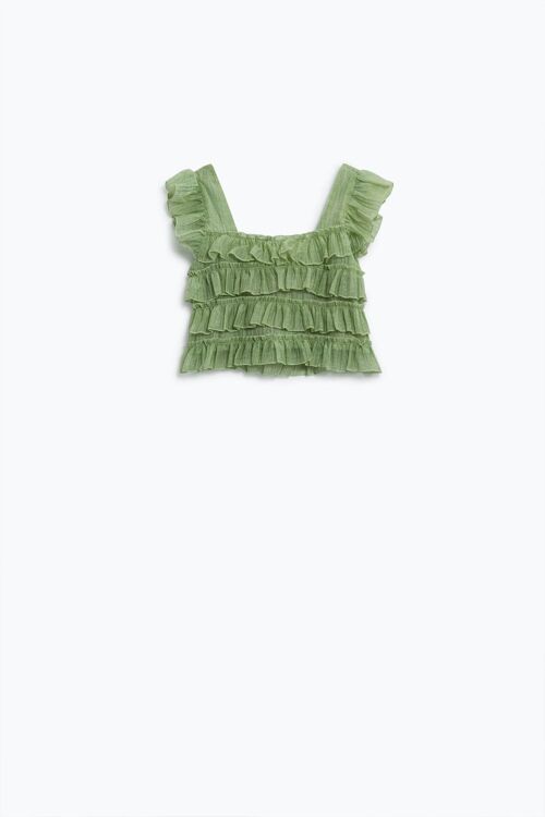Green Sleeveless Top With Ruched Design