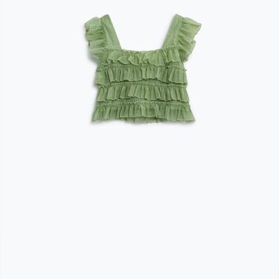 Green Sleeveless Top With Ruched Design