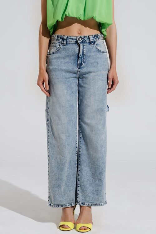 Cargo Style Bleached Jeans With Belt Like Strap Details At The Waist