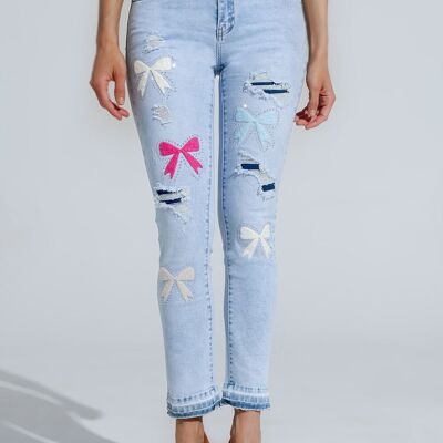 Hellblaue Super Skinny Jeans mit Schleife und Rissen