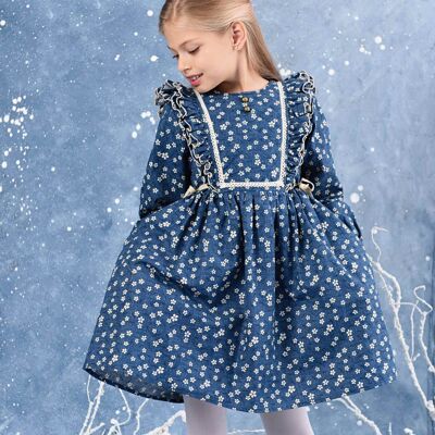 Ruffled dress | navy blue Liberty cotton denim | APPOLINE