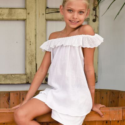 Girl's summer blouse | white cotton | 2-in-1 collar | DAWN