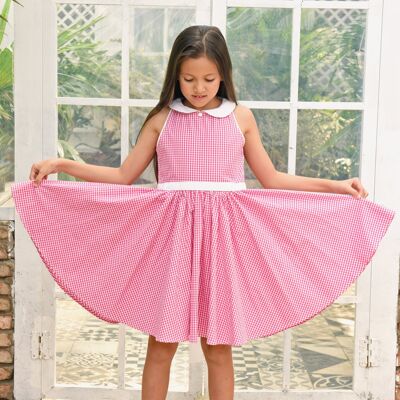 Girl spinning dress | pink gingham check | with Peter Pan collar | HEPBURN